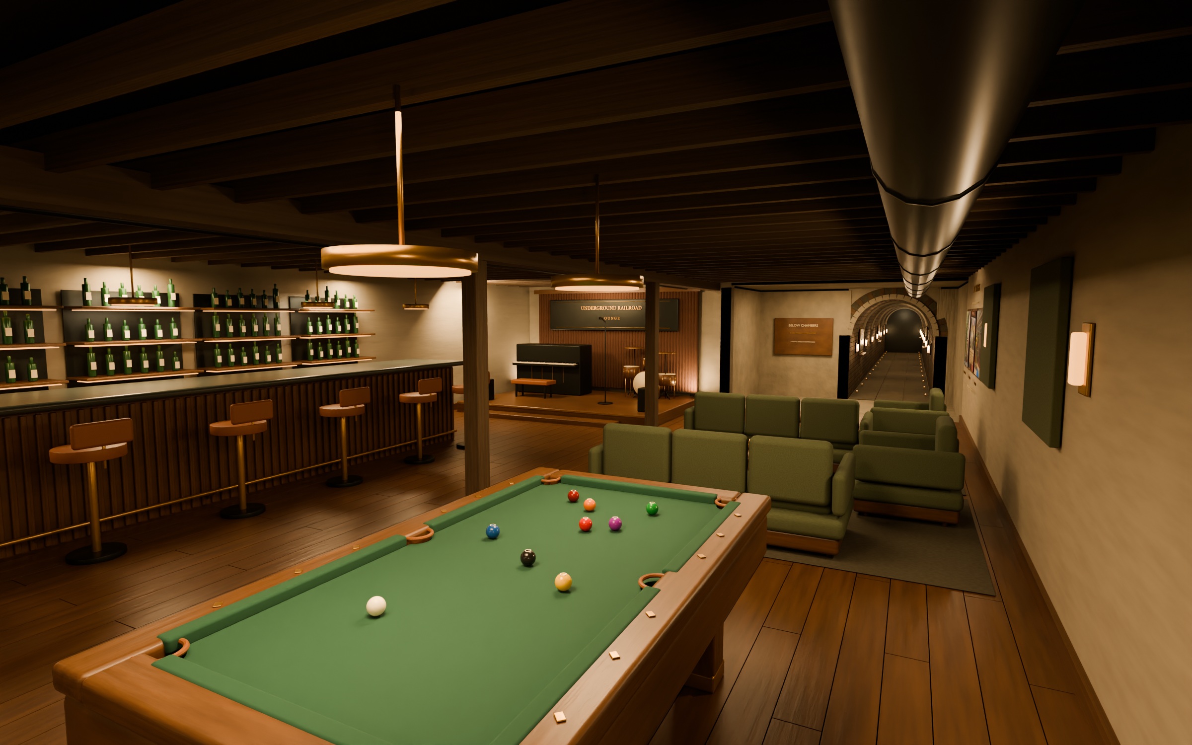 Blender-rendered proposal showing a walnut bar, olive lounge seating, an Underground Railroad Lounge performance stage and a tunnel entrance on the right