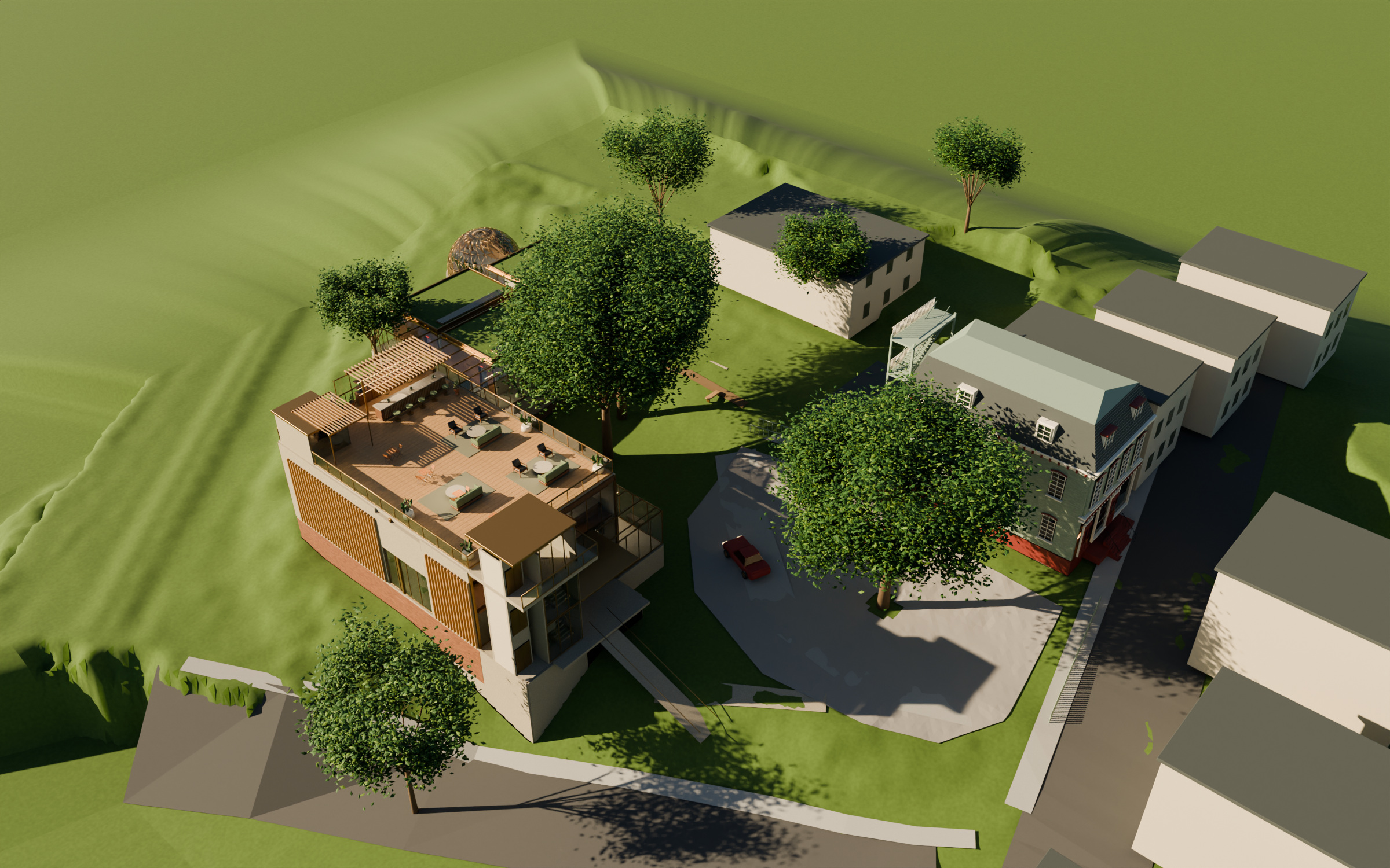 Proposed rear entertainment campus around a two-tree courtyard, with the existing historic building and front parking retained