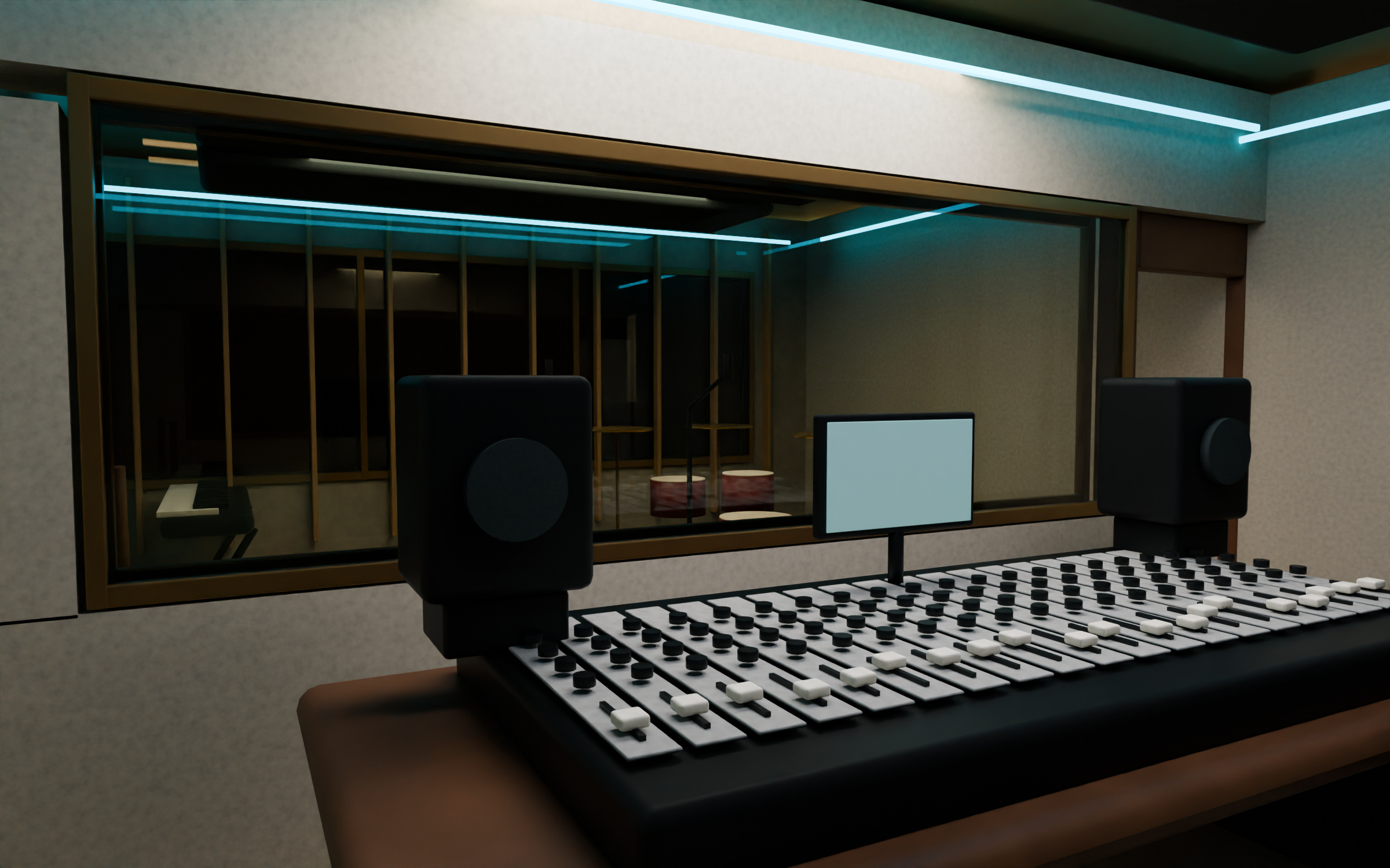 Music suite with cyan acoustic lighting