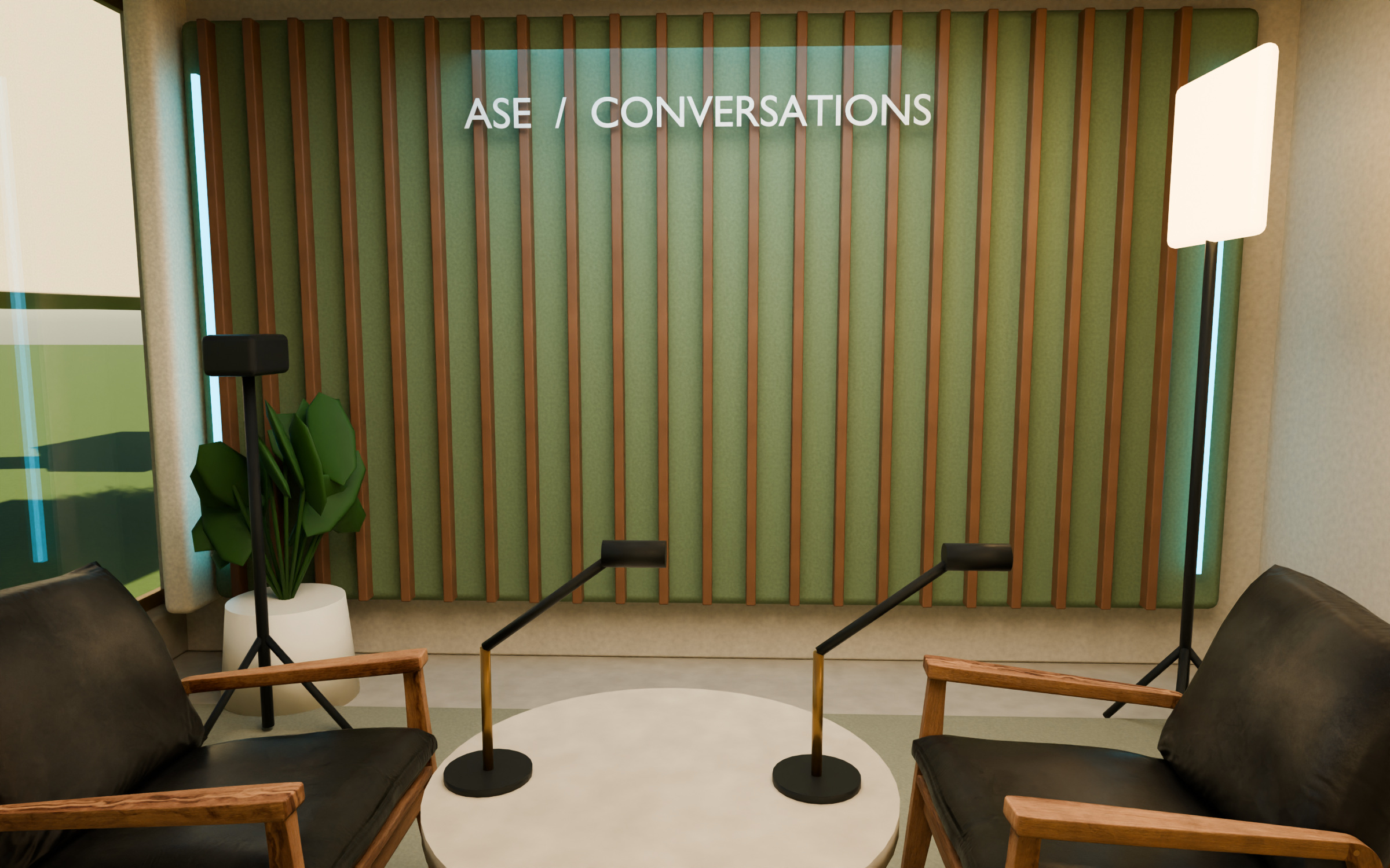 Podcast interview set with textured leather chairs