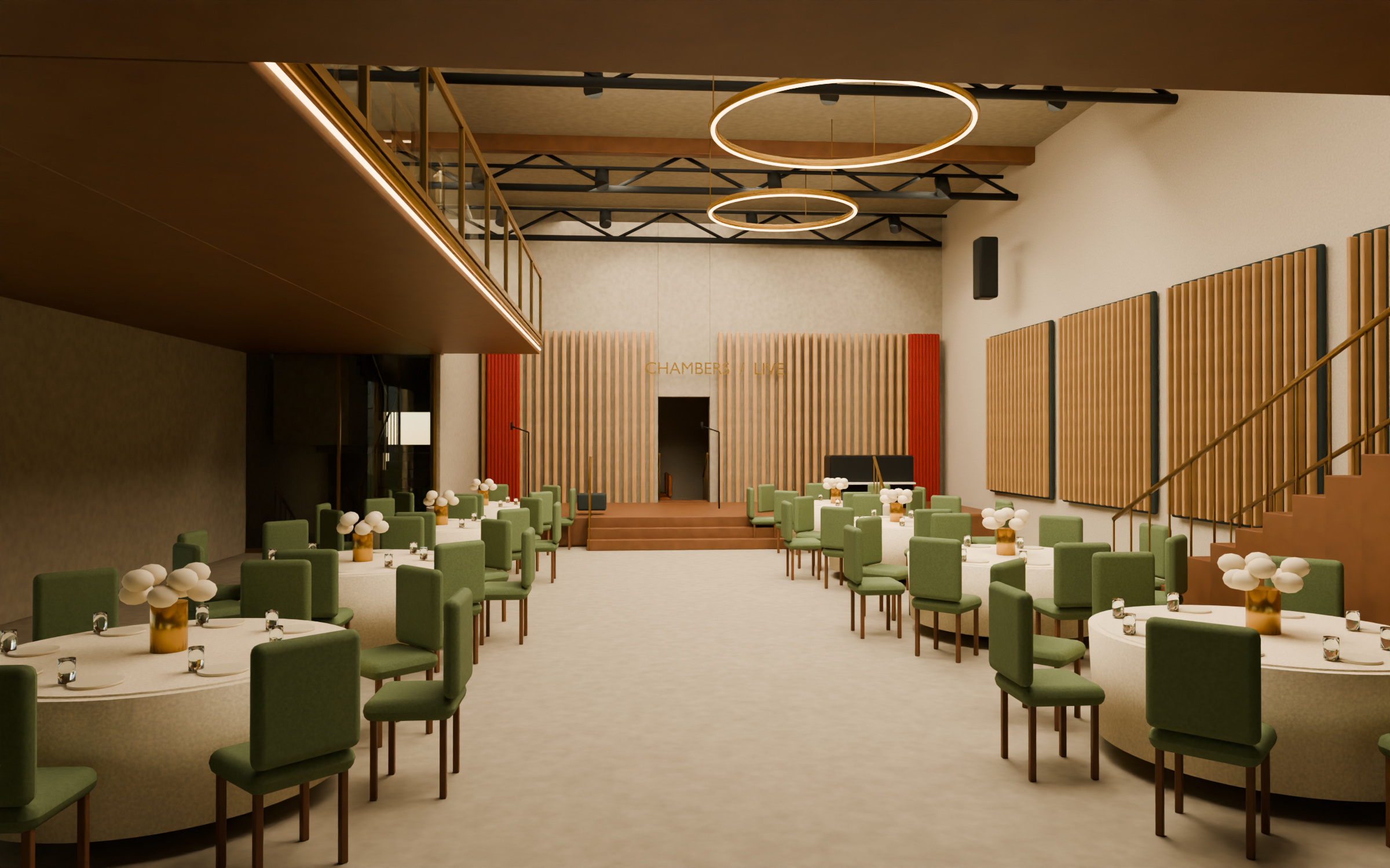 Wedding tables in the double-height hall below the glass headquarters