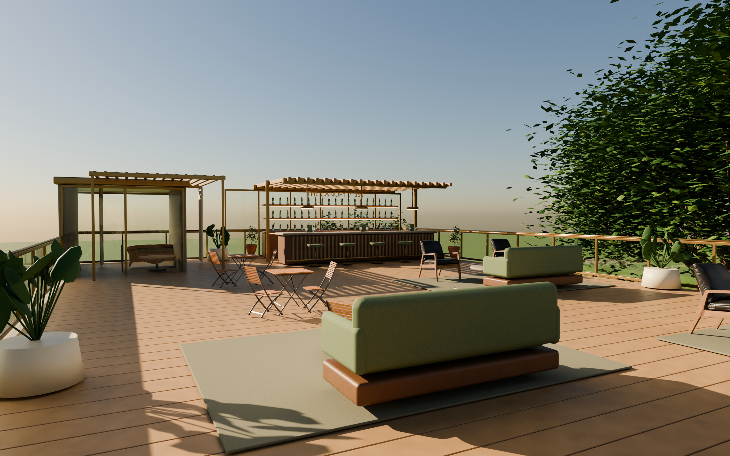 Warm rooftop bar and garden lounge