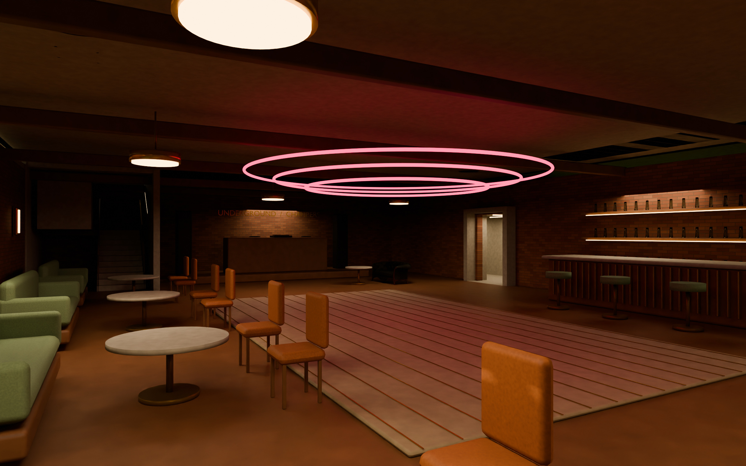 Underground lounge with warm bar and ring lighting